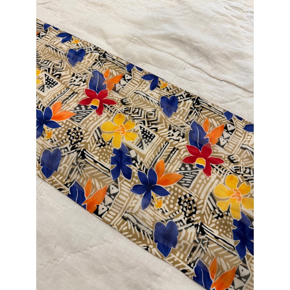 Vintage Tropical Floral Hibiscus Geometric Print Scarf Blue Orange Tan - Picture 2 of 5